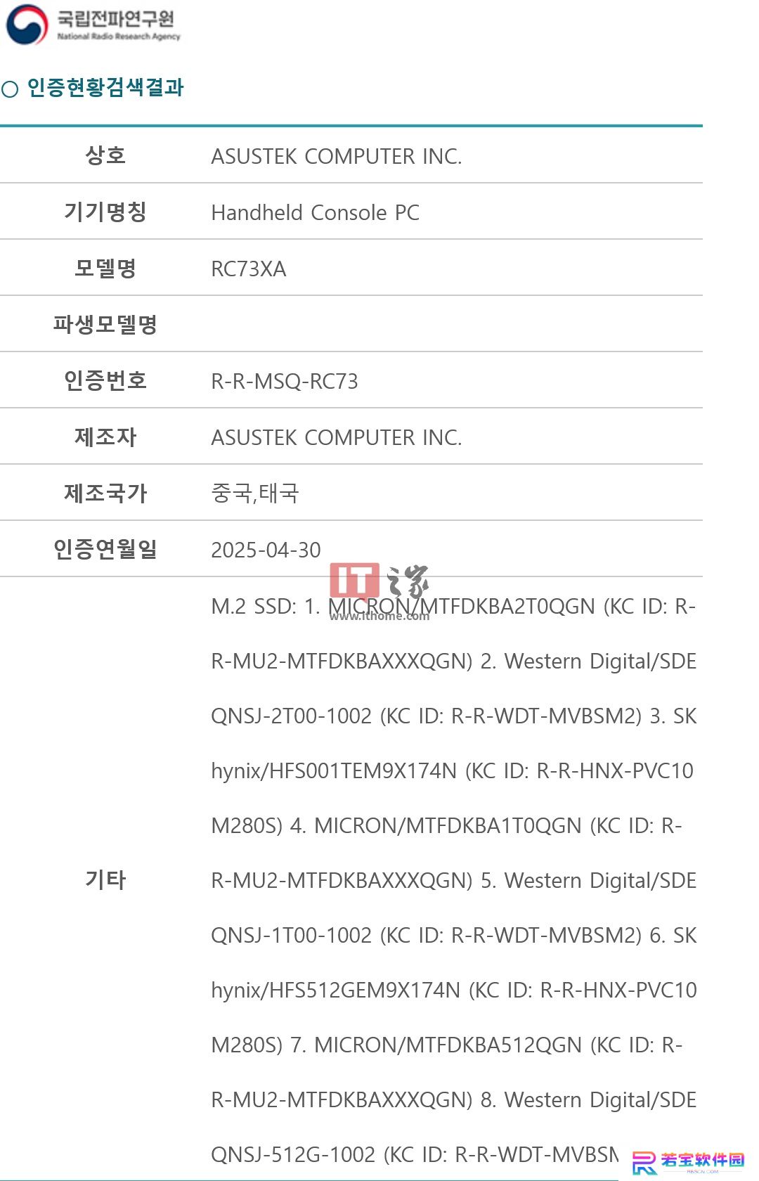 华硕 "RC73XA" 掌机通过韩国 RRA 认证，预计为 ROG Ally 迭代款